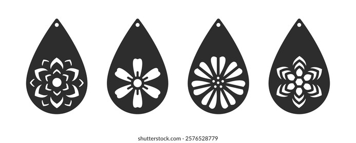 Teardrop earrings, pendant or keychain design with flowers. Floral jewelry silhouette laser cut template. Cnc cutting with metal, wood or leather. Vector set