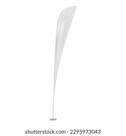 Teardrop flag vector mock-up. Tear drop banner on metal pole mockup. White blank wind beach flag template