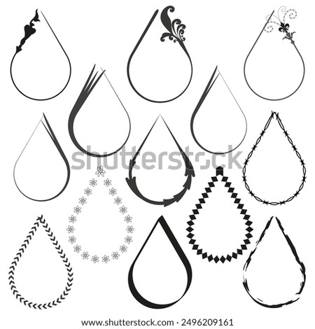 Teardrop frame collection. Decorative teardrop borders. Black and white vector. Artistic frame set.
