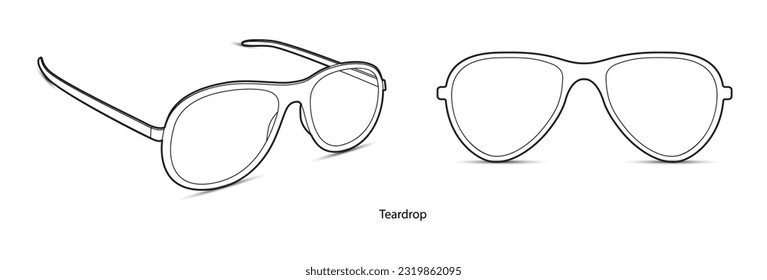 Teardrop frame glasses fashion accessory illustration. Sunglass front and 3-4 view for Men, women, unisex silhouette style, flat rim spectacles eyeglasses with lens sketch outline isolated on white