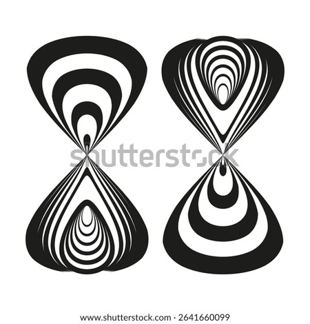 Teardrop loop shapes. Hourglass illusion design. Black vector symmetry. Abstract drop form.