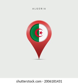 Teardrop map marker with flag of Algeria. Algerian flag inserted in the location map pin. Vector illustration isolated on light grey background.