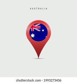 Teardrop map marker with flag of Australia. Australian flag inserted in the location map pin. Vector illustration isolated on light grey background.