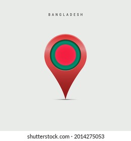 Teardrop map marker with flag of Bangladesh. Bangladeshi flag inserted in the location map pin. 3D vector illustration isolated on light grey background.