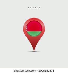 Teardrop map marker with flag of Belarus. Belorussian flag inserted in the location map pin. Vector illustration isolated on light grey background.
