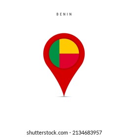 Marcador de mapa de lágrimas con bandera de Benín. Indicador Dahomey insertado en el pin del mapa de ubicación. Ilustración vectorial plana aislada en fondo blanco.