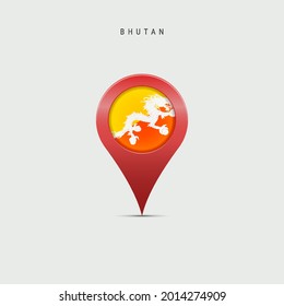 Teardrop map marker with flag of Bhutan. Bhutanese flag inserted in the location map pin. 3D vector illustration isolated on light grey background.