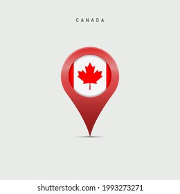 Teardrop map marker with flag of Canada. Canadian flag inserted in the location map pin. Vector illustration isolated on light grey background.