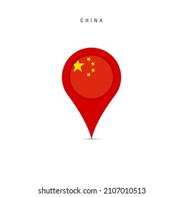 Teardrop map marker with flag of China. Chinese flag inserted in the location map pin. Flat vector illustration isolated on white background.