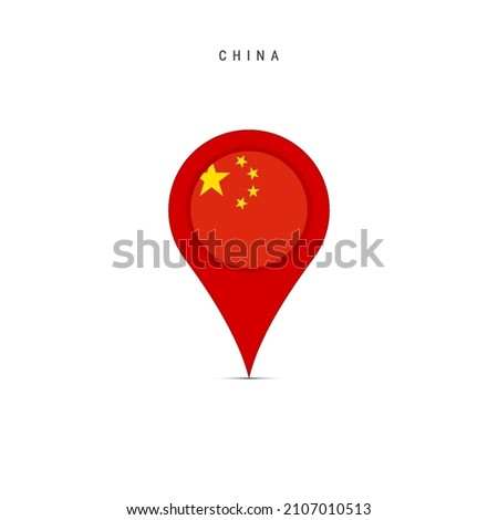 Teardrop map marker with flag of China. Chinese flag inserted in the location map pin. Flat vector illustration isolated on white background.