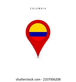 Teardrop map marker with flag of Colombia. Colombian flag inserted in the location map pin. Flat vector illustration isolated on white background.