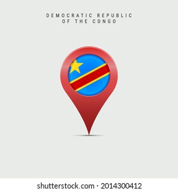 Teardrop map marker with flag of Democratic Republic of the Congo. DR Congo flag inserted in the location map pin. 3D vector illustration isolated on light grey background.