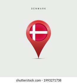 Teardrop map marker with flag of Denmark. Danish flag inserted in the location map pin. Vector illustration isolated on light grey background.