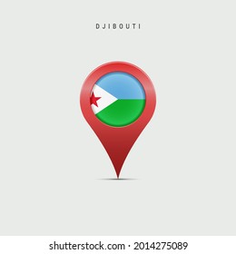 Teardrop map marker with flag of Djibouti. Djiboutian flag inserted in the location map pin. 3D vector illustration isolated on light grey background.