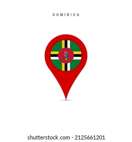 Teardrop map marker with flag of Dominica. Dominican flag inserted in the location map pin. Flat vector illustration isolated on white background.