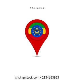 Teardrop map marker with flag of Ethiopia. Ethiopian flag inserted in the location map pin. Flat vector illustration isolated on white background.