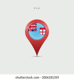 Marcador de mapa de lágrimas con bandera de Fiyi. Marca fiyiana insertada en el pin del mapa de ubicación. Ilustración vectorial aislada en fondo gris claro.