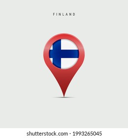 Teardrop map marker with flag of Finland. Finnish flag inserted in the location map pin. Vector illustration isolated on light grey background.