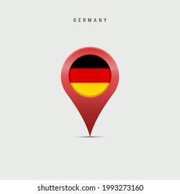 Teardrop map marker with flag of Germany. German flag inserted in the location map pin. Vector illustration isolated on light grey background.