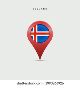 Teardrop map marker with flag of Iceland. Icelandic flag inserted in the location map pin. Vector illustration isolated on light grey background.