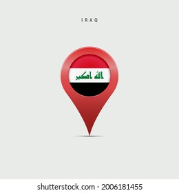Teardrop map marker with flag of Iraq. Iraqi flag inserted in the location map pin. Vector illustration isolated on light grey background.