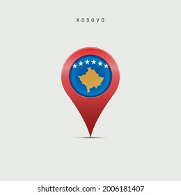 Teardrop map marker with flag of Kosovo. Kosovan flag inserted in the location map pin. Vector illustration isolated on light grey background.