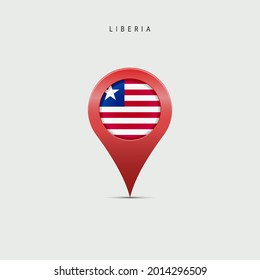 Marcador de mapa de lágrimas con bandera de Liberia. Bandera liberiana insertada en el pin del mapa de ubicación. Ilustración vectorial 3D aislada en fondo gris claro.