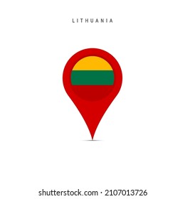 Teardrop map marker with flag of Lithuania. Lithuanian flag inserted in the location map pin. Flat vector illustration isolated on white background.