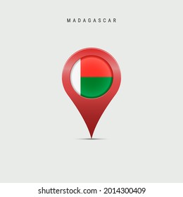 Teardrop map marker with flag of Madagascar. Republic of Madagascar flag inserted in the location map pin. 3D vector illustration isolated on light grey background.