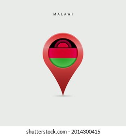 Teardrop map marker with flag of Malawi. Malawian flag inserted in the location map pin. 3D vector illustration isolated on light grey background.