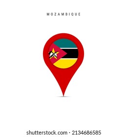 Teardrop map marker with flag of Mozambique. Mozambican flag inserted in the location map pin. Flat vector illustration isolated on white background.
