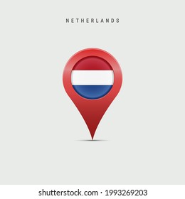 Teardrop map marker with flag of Netherlands, Holland. Dutch, Netherlandish flag inserted in the location map pin. Vector illustration isolated on light grey background.