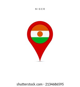 Teardrop map marker with flag of Niger. Nigerian flag inserted in the location map pin. Flat vector illustration isolated on white background.