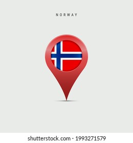Teardrop map marker with flag of Norway. Norwegian flag inserted in the location map pin. Vector illustration isolated on light grey background.