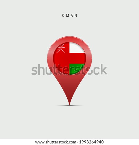 Teardrop map marker with flag of Oman. Omani flag inserted in the location map pin. Vector illustration isolated on light grey background.