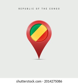 Teardrop map marker with flag of Republic of the Congo. Congolese flag inserted in the location map pin. 3D vector illustration isolated on light grey background.