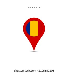Teardrop map marker with flag of Romania. Romanian flag inserted in the location map pin. Flat vector illustration isolated on white background.