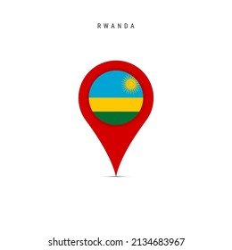 Teardrop map marker with flag of Rwanda. Rwandan flag inserted in the location map pin. Flat vector illustration isolated on white background.