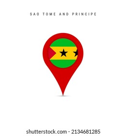 Teardrop map marker with flag of Sao Tome and Principe. Saint Thomas and Prince flag inserted in the location map pin. Flat vector illustration isolated on white background.