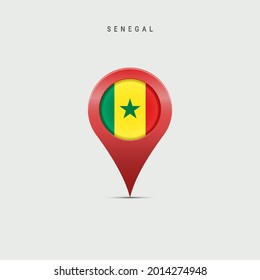 Teardrop map marker with flag of Senegal. Senegalese flag inserted in the location map pin. 3D vector illustration isolated on light grey background.