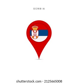 Teardrop map marker with flag of Serbia. Serbian flag inserted in the location map pin. Flat vector illustration isolated on white background.