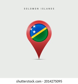 Teardrop map marker with flag of Solomon Islands. Solomon Islands flag inserted in the location map pin. 3D vector illustration isolated on light grey background.