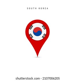 Teardrop map marker with flag of South Korea. South Korean flag inserted in the location map pin. Flat vector illustration isolated on white background.