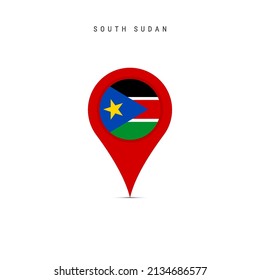 Teardrop map marker with flag of South Sudan. South Sudanese flag inserted in the location map pin. Flat vector illustration isolated on white background.