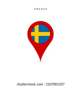 Teardrop map marker with flag of Sweden. Swedish flag inserted in the location map pin. Flat vector illustration isolated on white background.