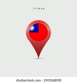 Teardrop map marker with flag of Taiwan. Taiwanese flag inserted in the location map pin. Vector illustration isolated on light grey background.