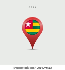 Teardrop map marker with flag of Togo. Togolese Republic flag inserted in the location map pin. 3D vector illustration isolated on light grey background.