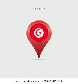 Teardrop map marker with flag of Tunisia. Tunisian flag inserted in the location map pin. Vector illustration isolated on light grey background.