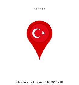 Teardrop map marker with flag of Turkey. Turkish flag inserted in the location map pin. Flat vector illustration isolated on white background.