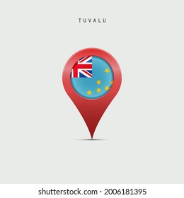 Teardrop map marker with flag of Tuvalu. Ellice Islands flag inserted in the location map pin. Vector illustration isolated on light grey background.